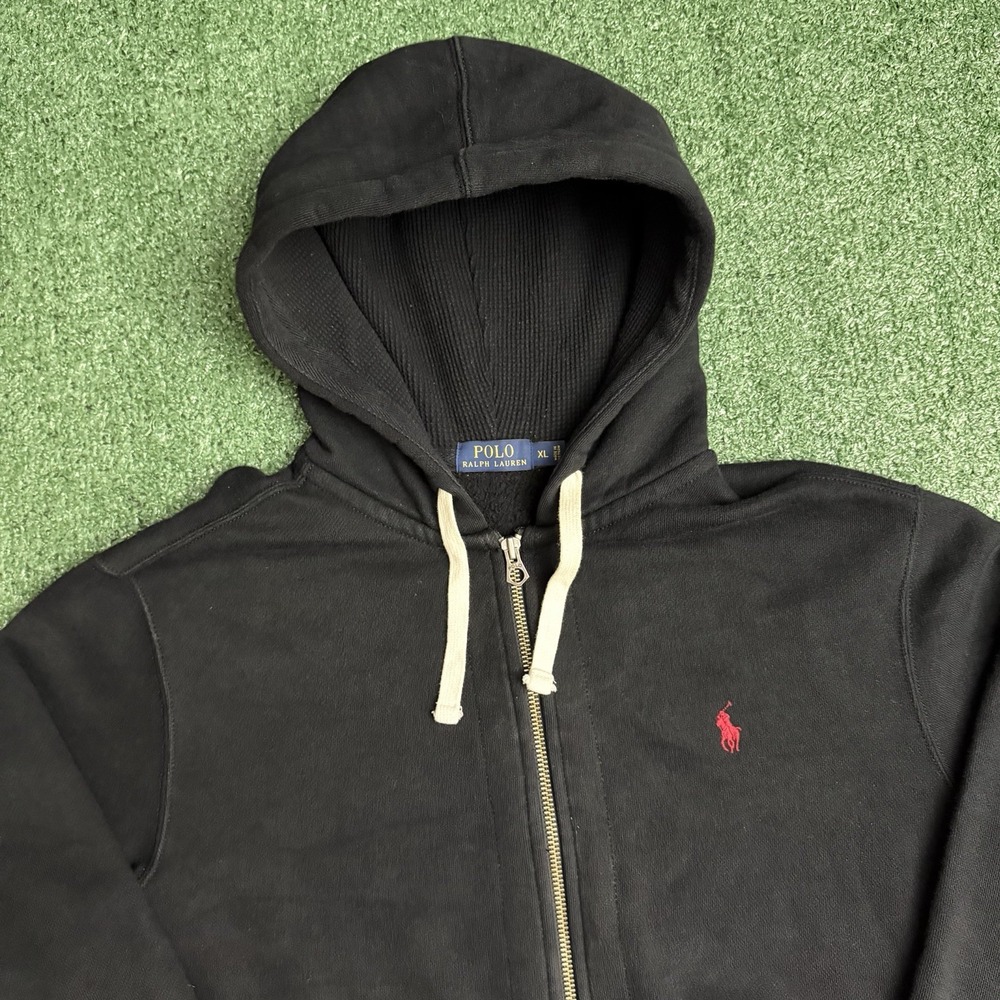 Polo Ralph Lauren XL Full Zip Hoodie Mens Black Red Pony Logo Fleece Heavy
